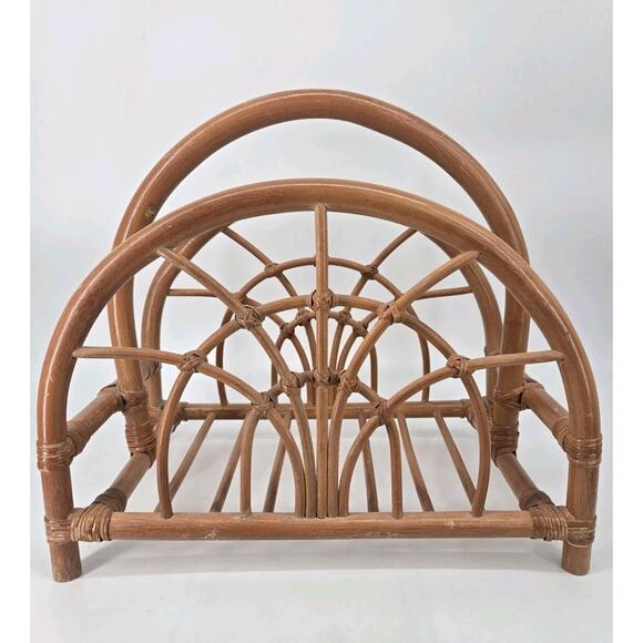 Vtg MCM Boho Bamboo Magazine Rack Bentwood Wicker Cane Holder Newspaper Caddy